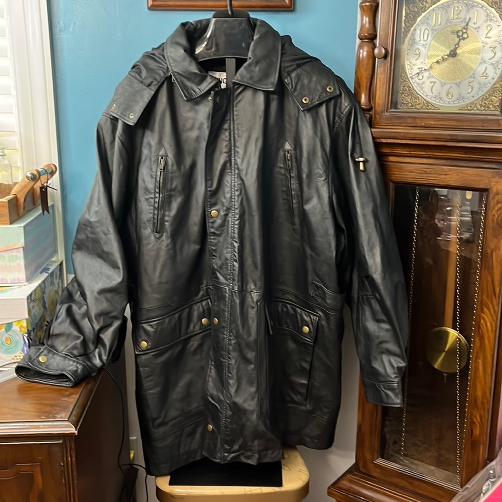 KING SIZE hooded leather parka with removable hood and quilted liner.